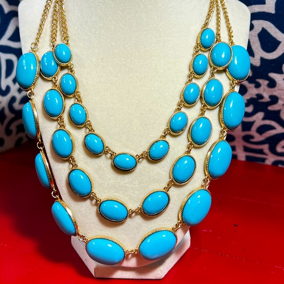 Bold Turquoise Multi-Strand Statement Bib Necklace – Gold Tone Oval Cabochons - Picture 3 of 6
